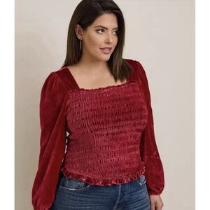 Torrid Top Womens 4 Red Velvet Smocked Blouson Cropped Cosplay Christmas Vamp